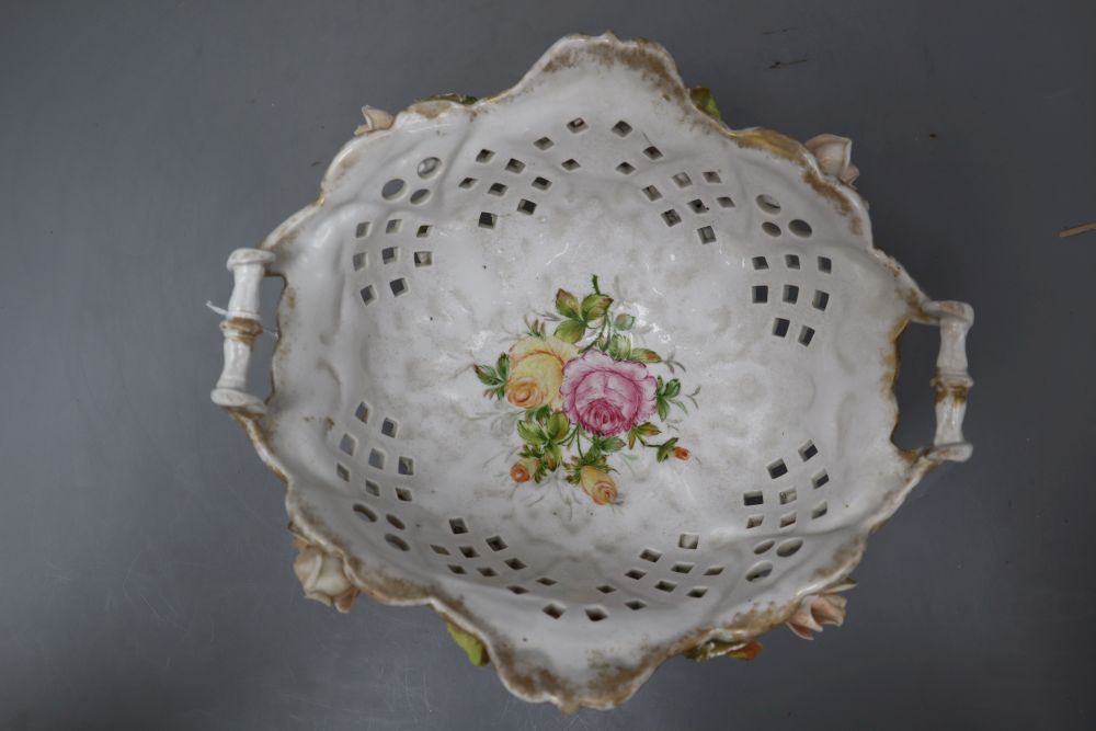 A Sitzendorf floral encrusted porcelain fruit stand, on a figural support, overall height 40cm